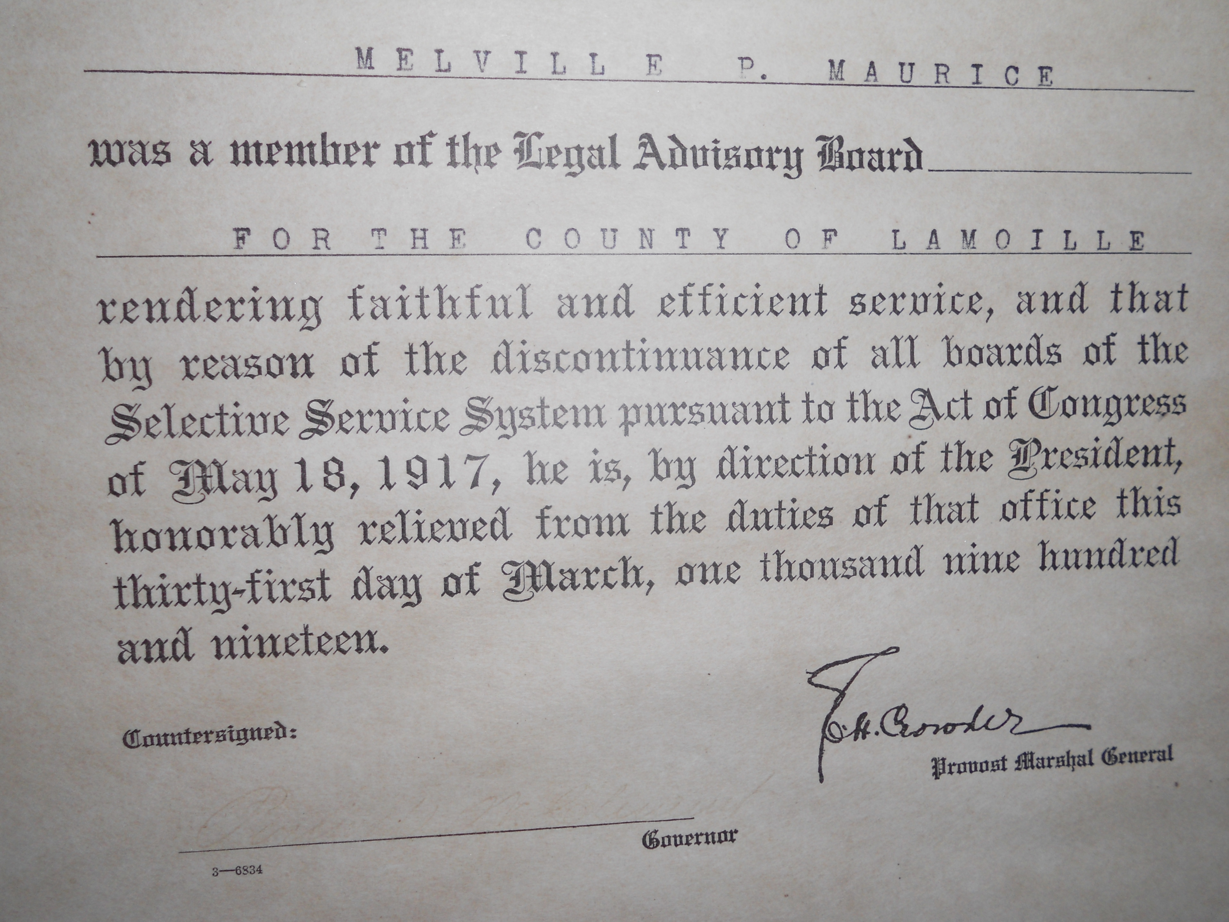 War Department Certificate 1919