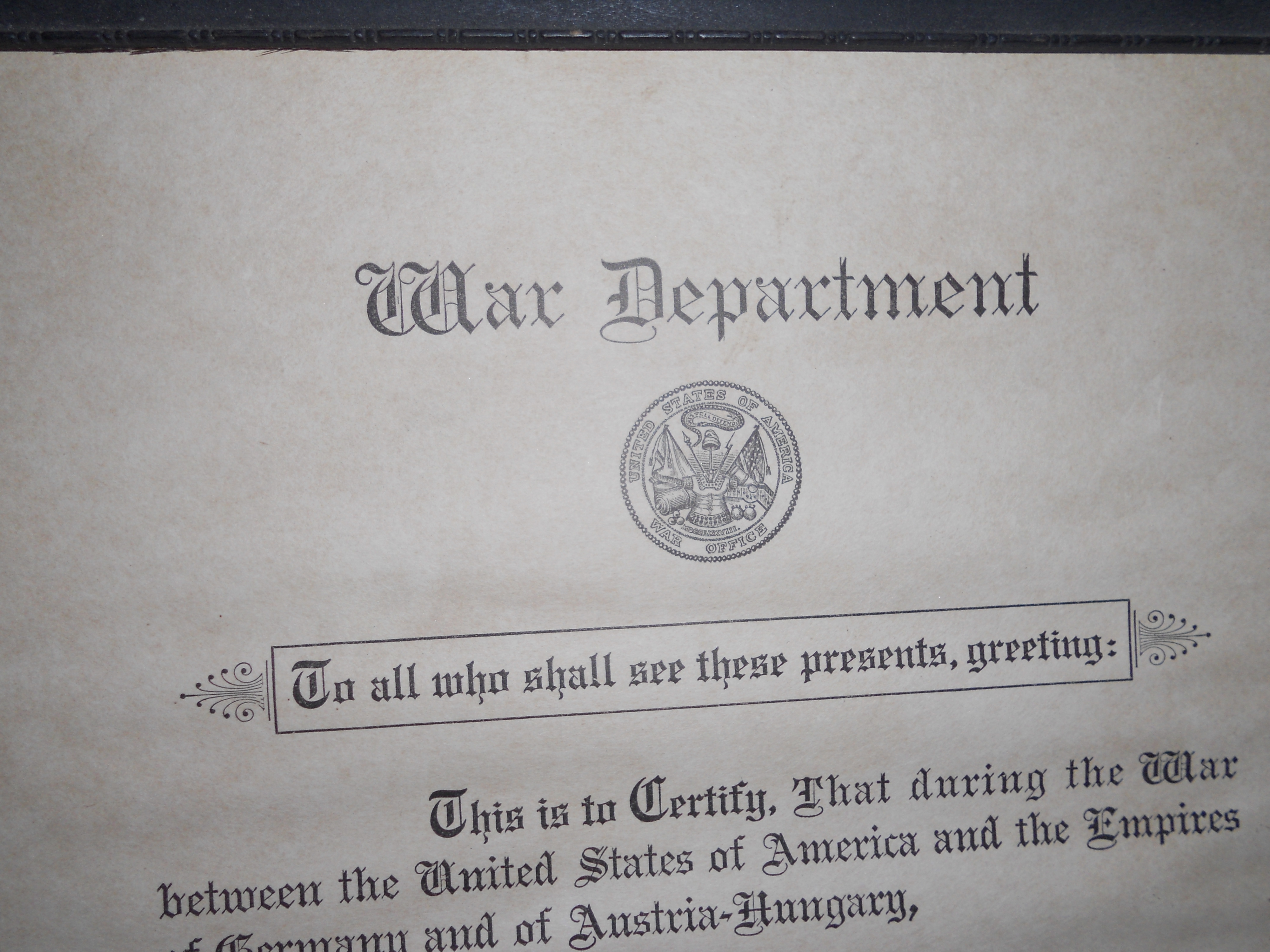War Department Certificate 1919