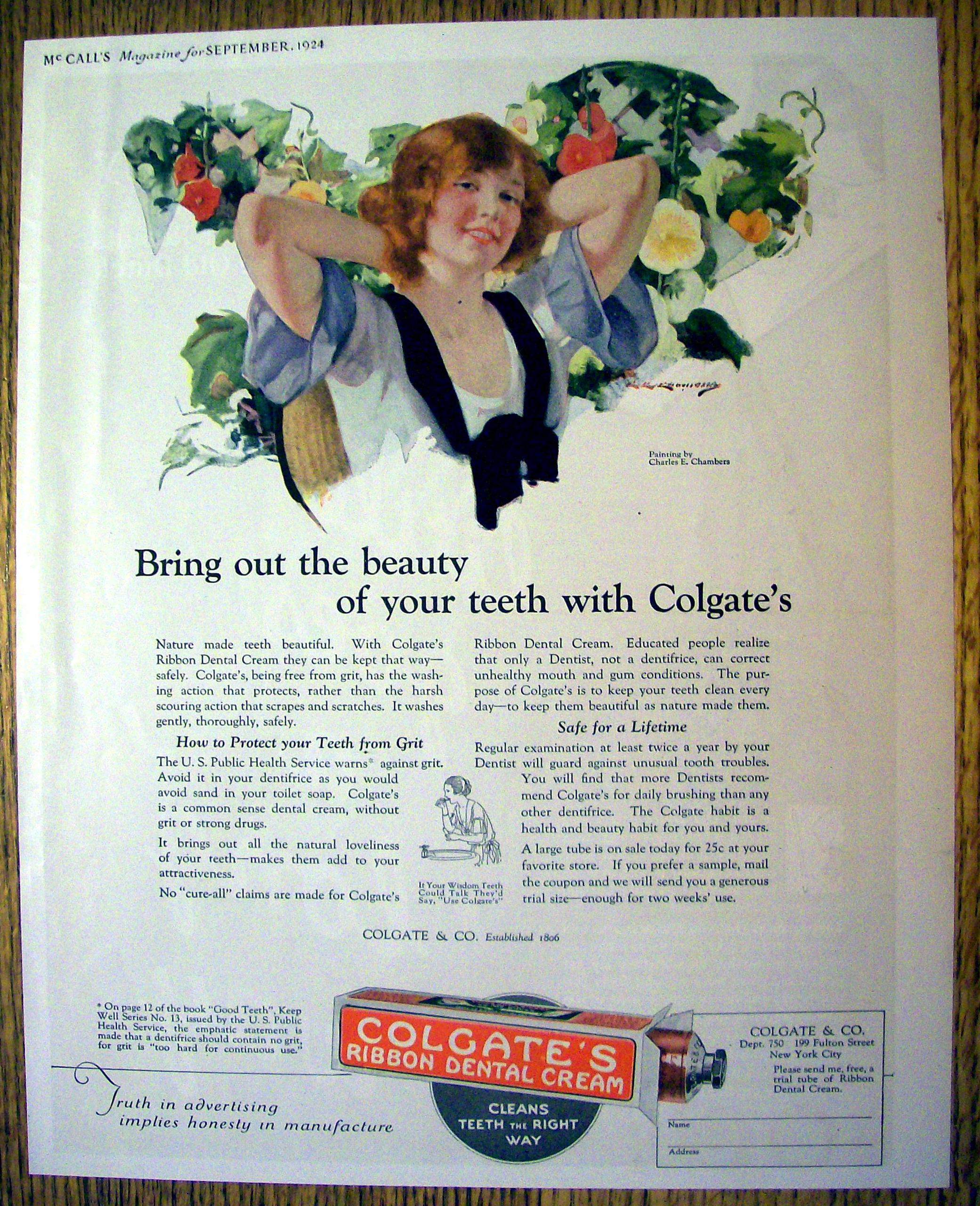 1924 Colgate Dental Cream w/Woman Smiling By Chambers