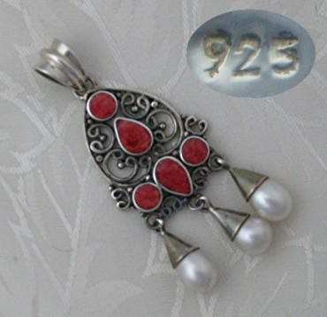 Sterling Silver Freshwater Pearls Coral Enamel Pendant