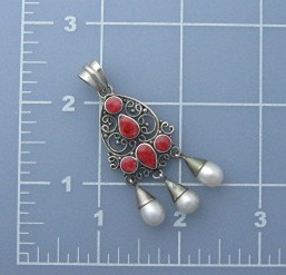 Sterling Silver Freshwater Pearls Coral Enamel Pendant