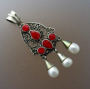 Sterling Silver Freshwater Pearls Coral Enamel Pendant