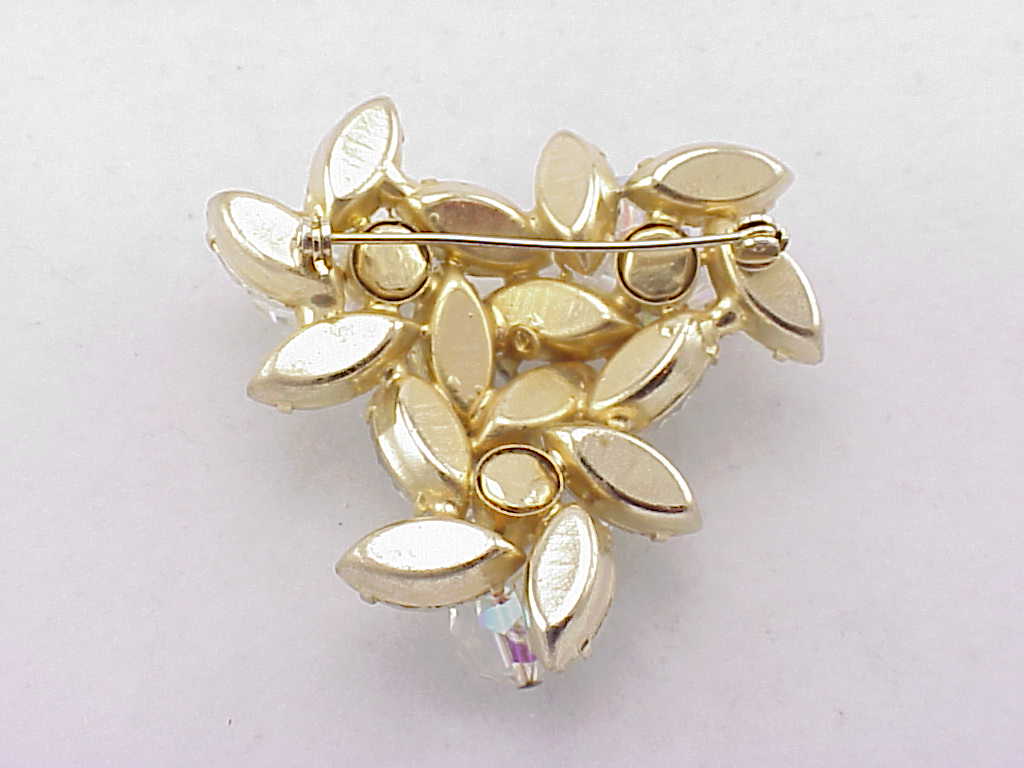 Vintage Clear Navette Rhinestone And Dangling Crystal Brooch