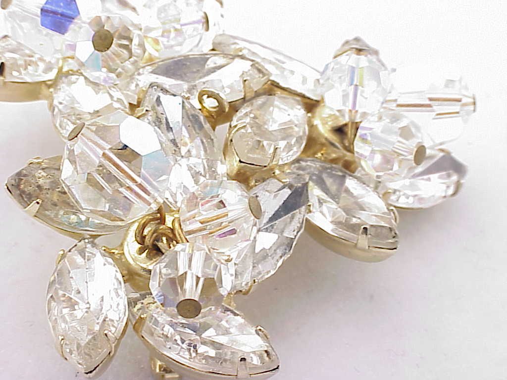 Vintage Clear Navette Rhinestone And Dangling Crystal Brooch