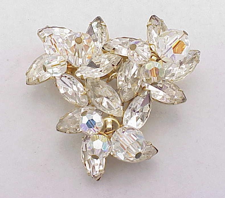 Vintage Clear Navette Rhinestone And Dangling Crystal Brooch