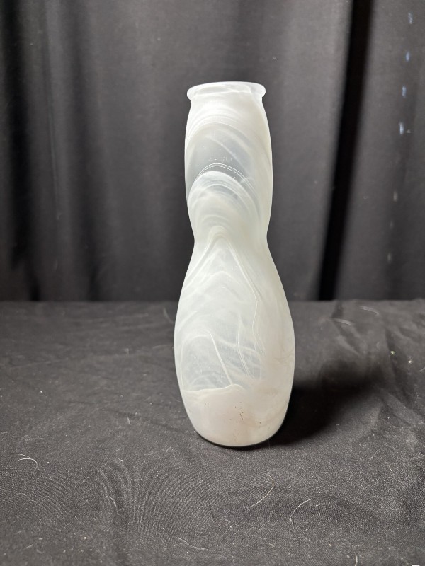 White Slag Glass Bowling Pin Vase 7.5" Mid Century Swirl Art Glass Glow