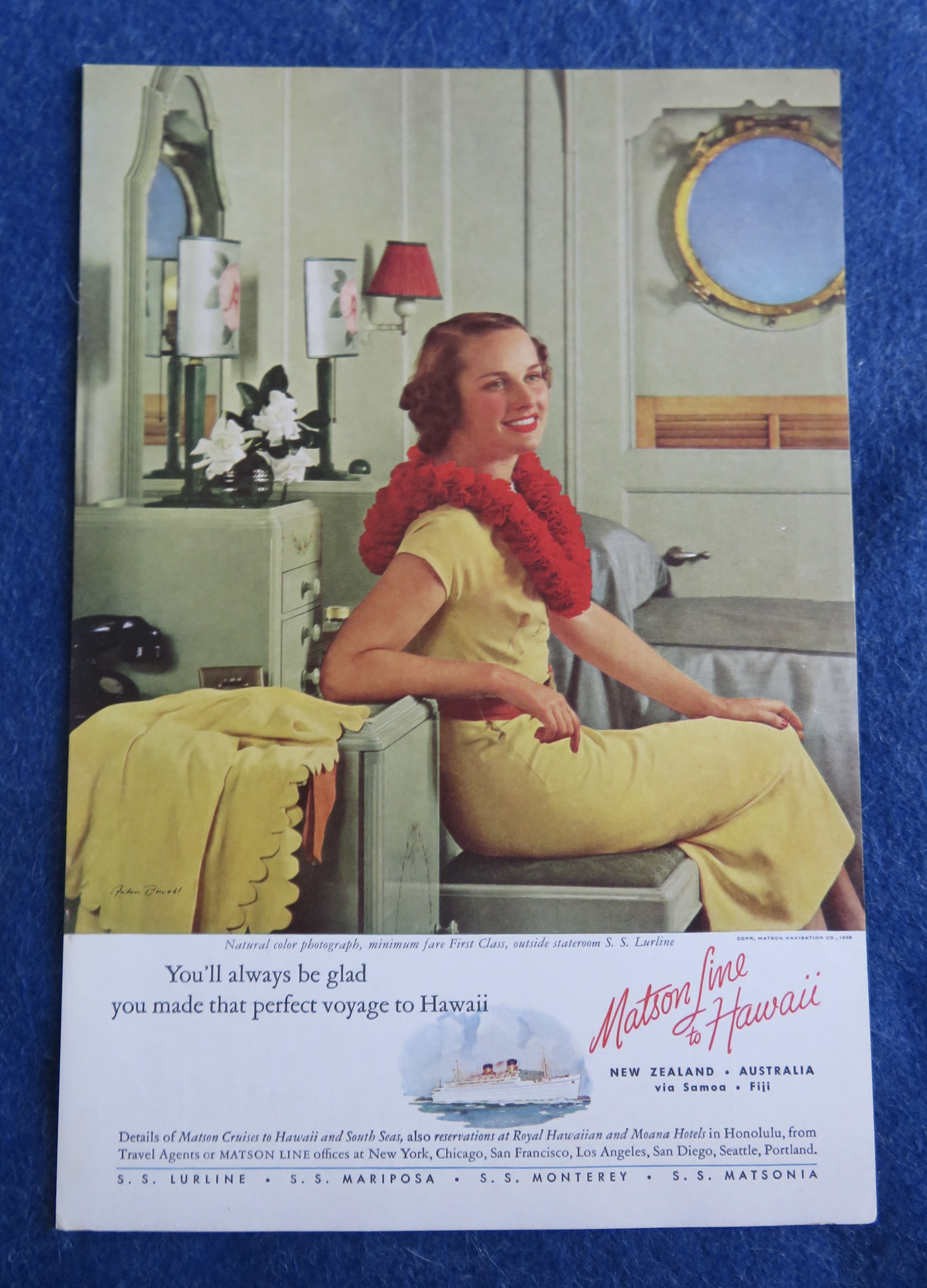 1938 Matson Line To Hawaii with Woman Sitting on Ship