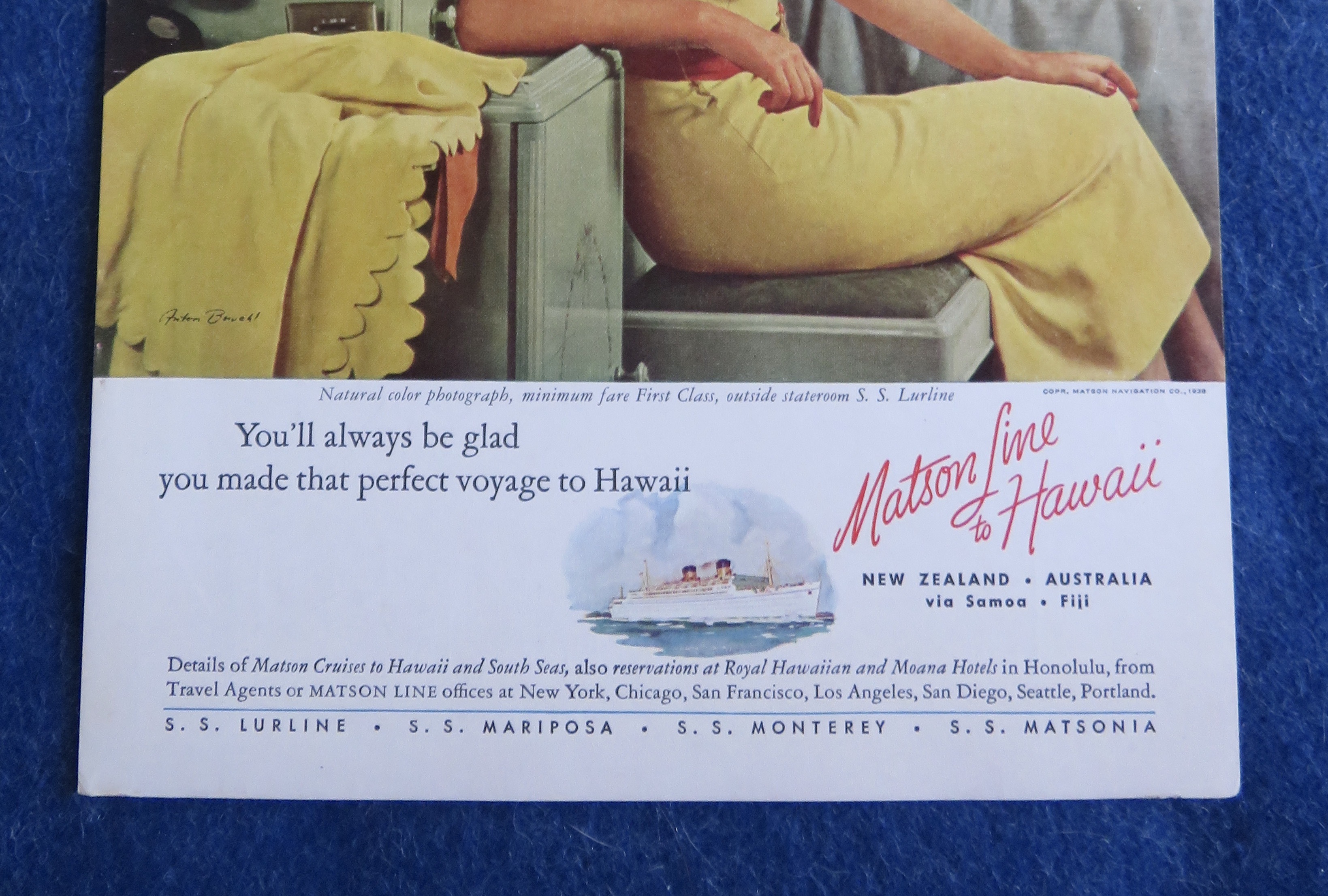 1938 Matson Line To Hawaii with Woman Sitting on Ship
