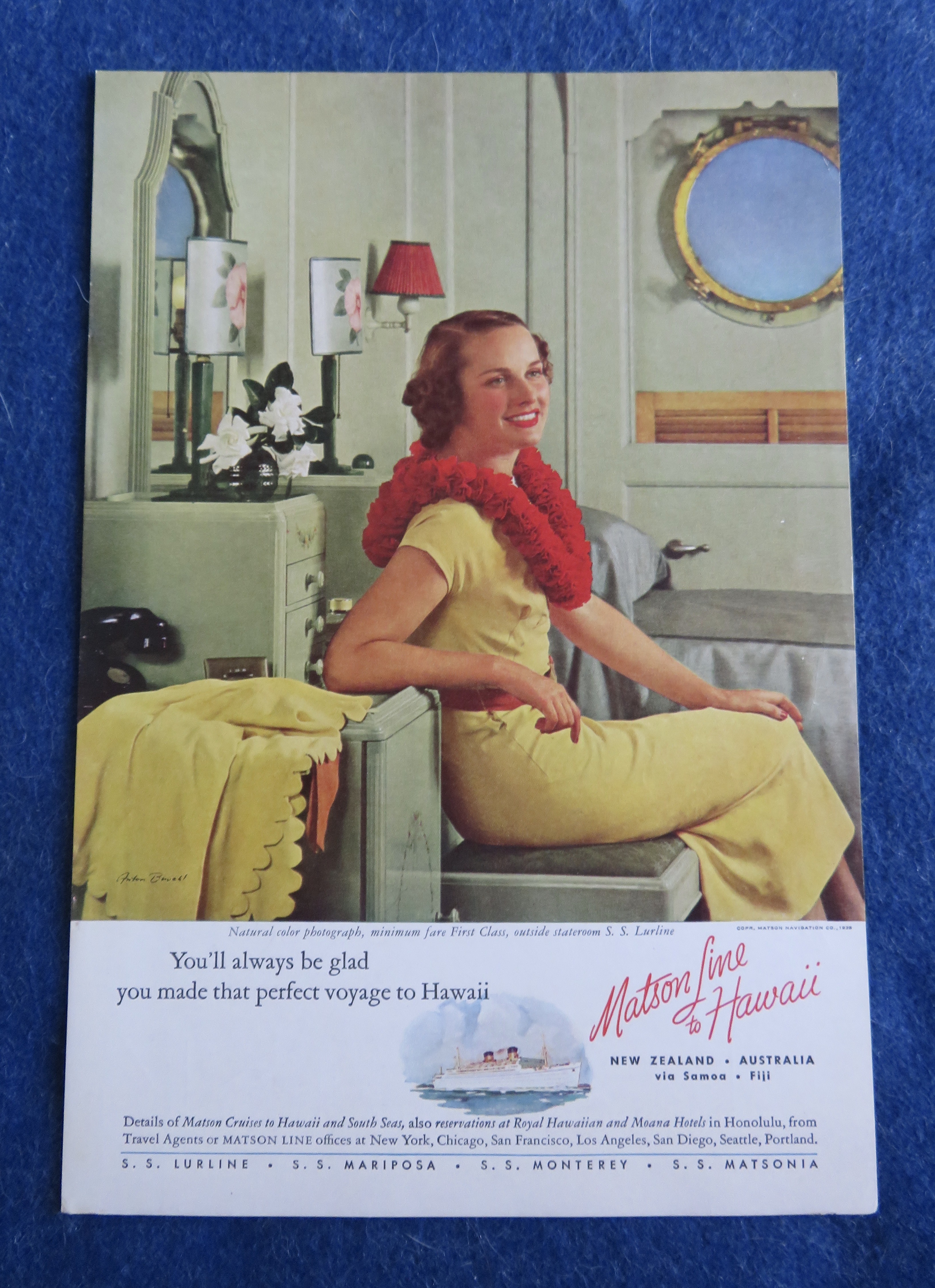 1938 Matson Line To Hawaii with Woman Sitting on Ship
