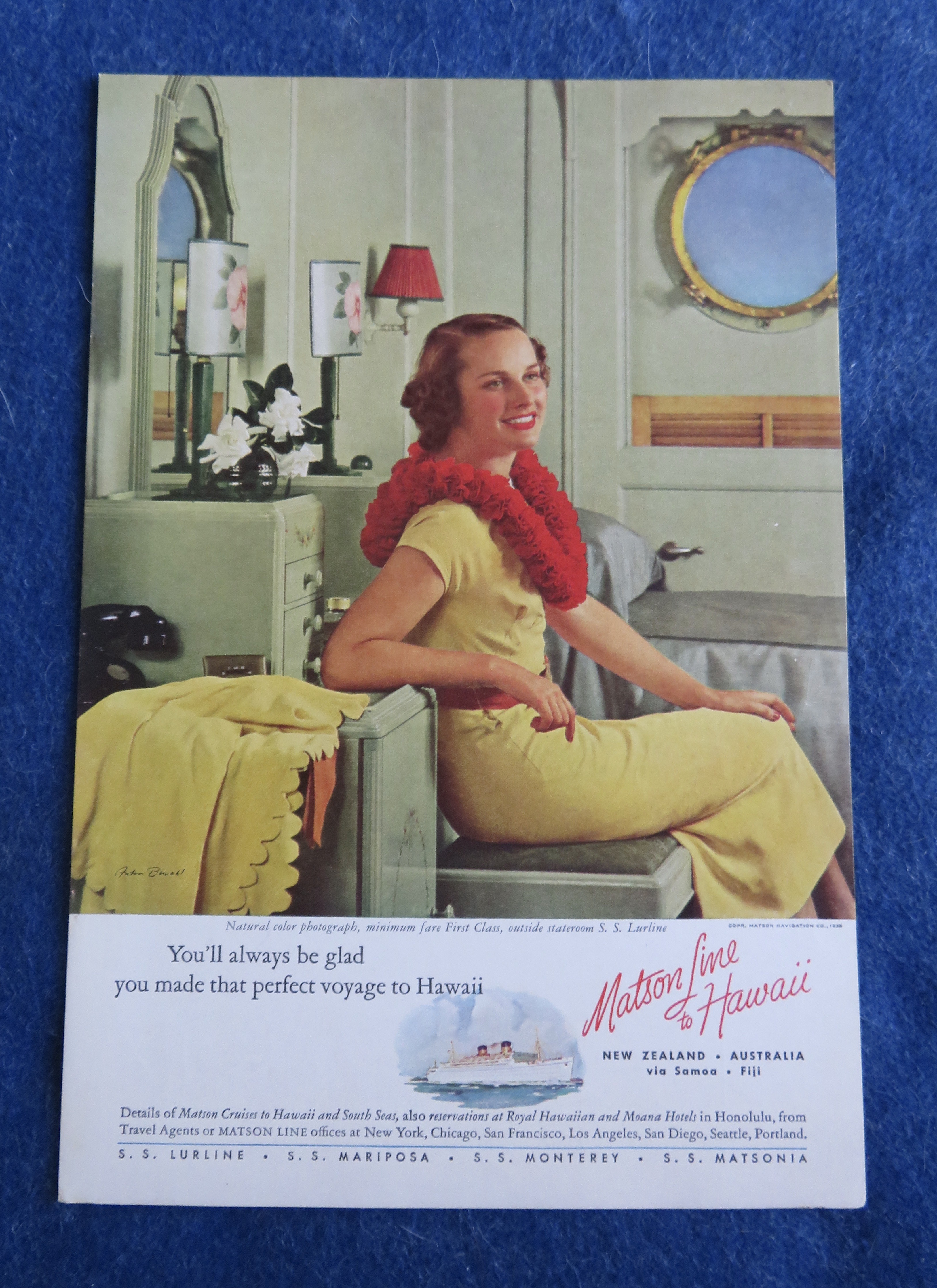 1938 Matson Line To Hawaii with Woman Sitting on Ship