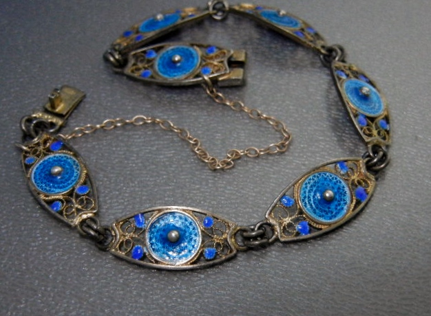 Filigree 800 Silver Blue Enamel Bracelet Safety Chain