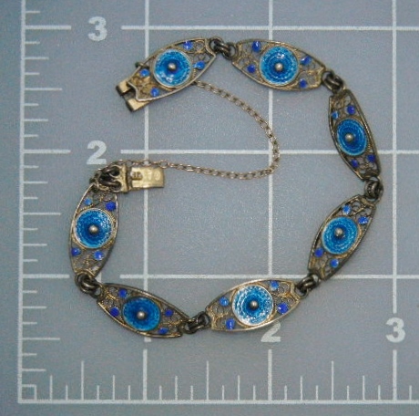 Filigree 800 Silver Blue Enamel Bracelet Safety Chain