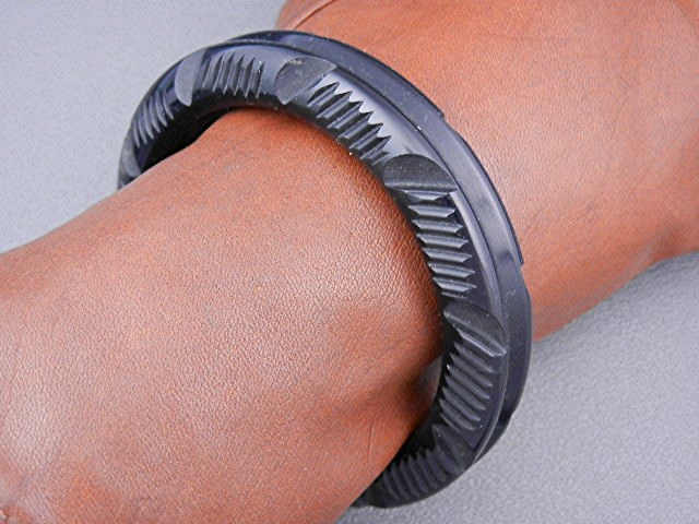 Bakelite Black Carved Bangle Bracelet