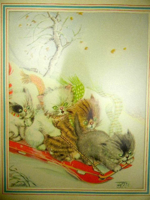 Winter Fun,  4 Kittens on a sled Print, framed