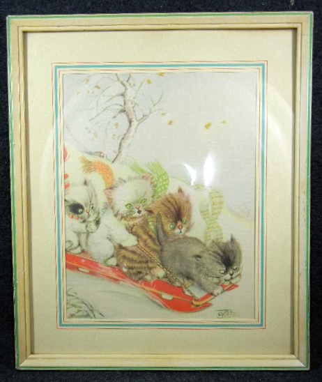Winter Fun,  4 Kittens on a sled Print, framed