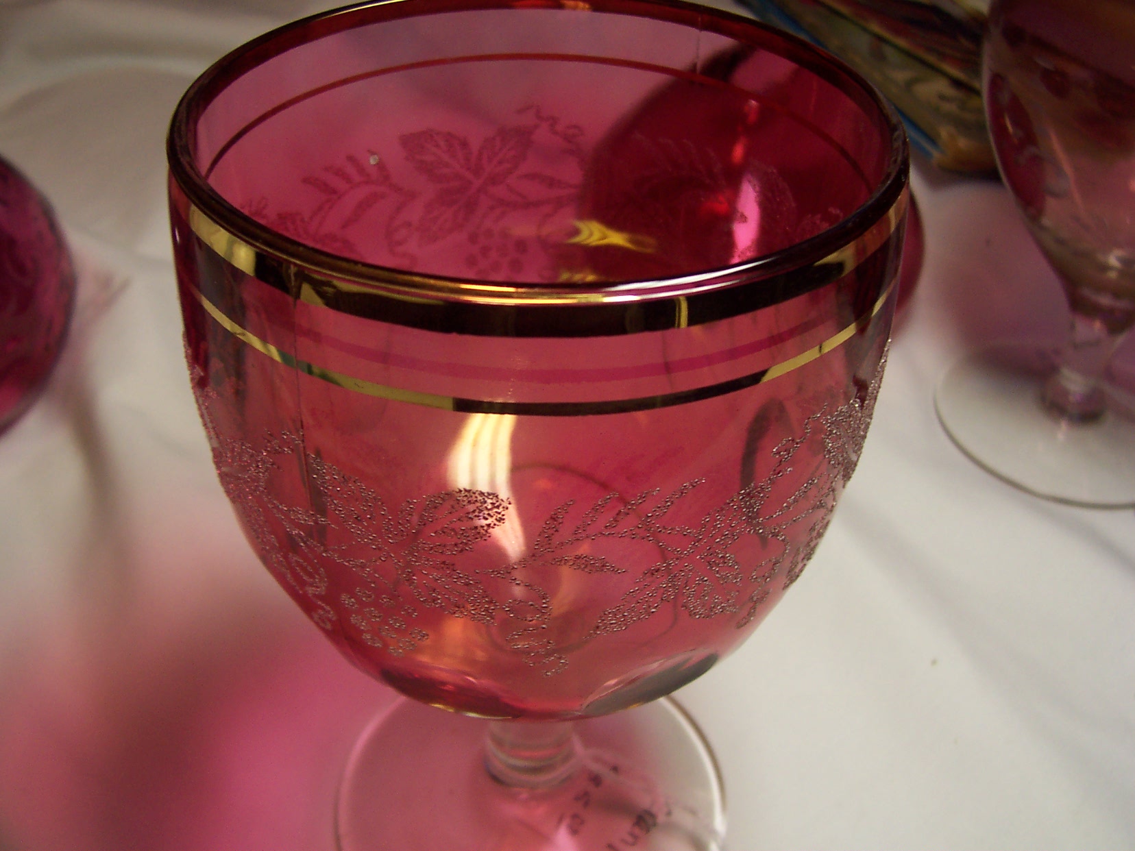 Cranberry Glass Thumbprint Goblet Grapevine