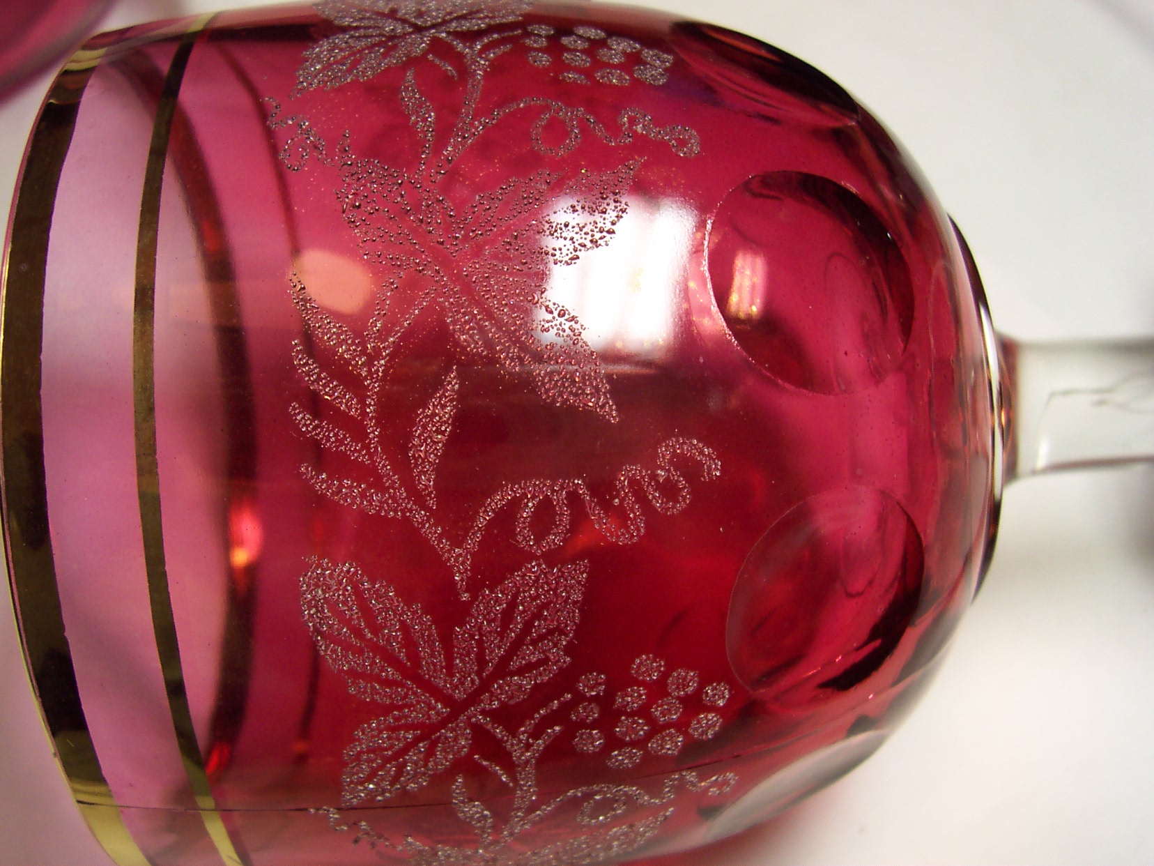 Cranberry Glass Thumbprint Goblet Grapevine
