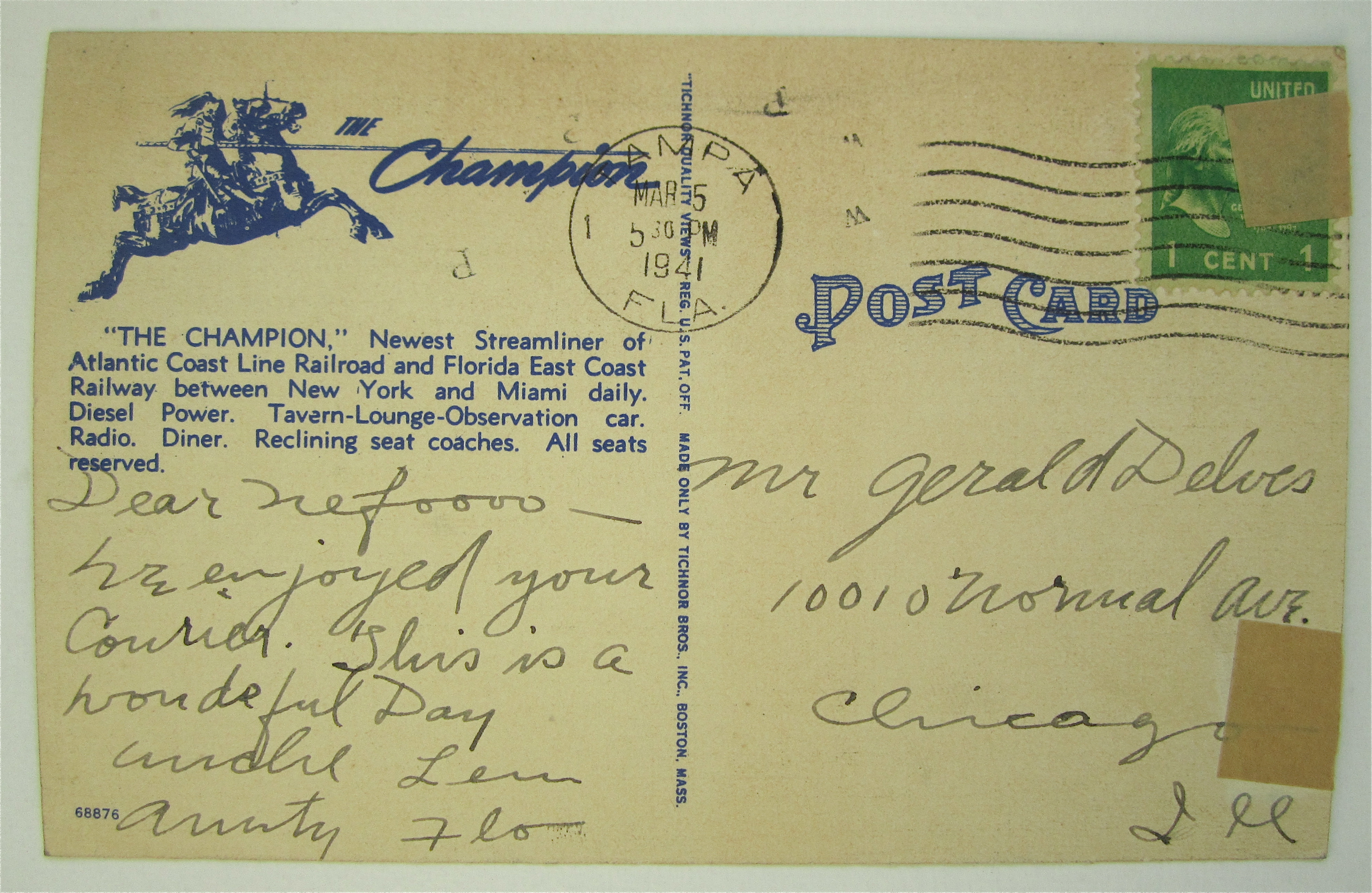 Speedy New York Miami Steamliner Postcard