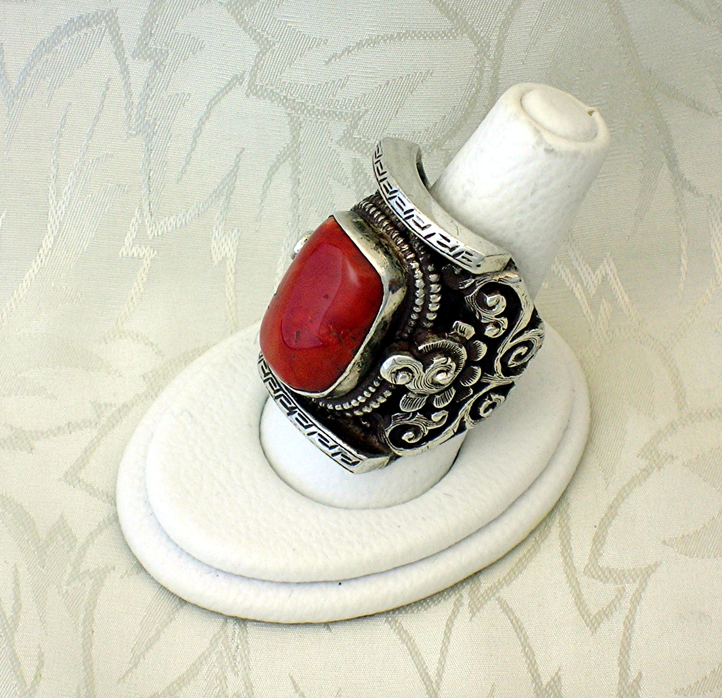 Sterling Silver Red Coral Ornate Ring