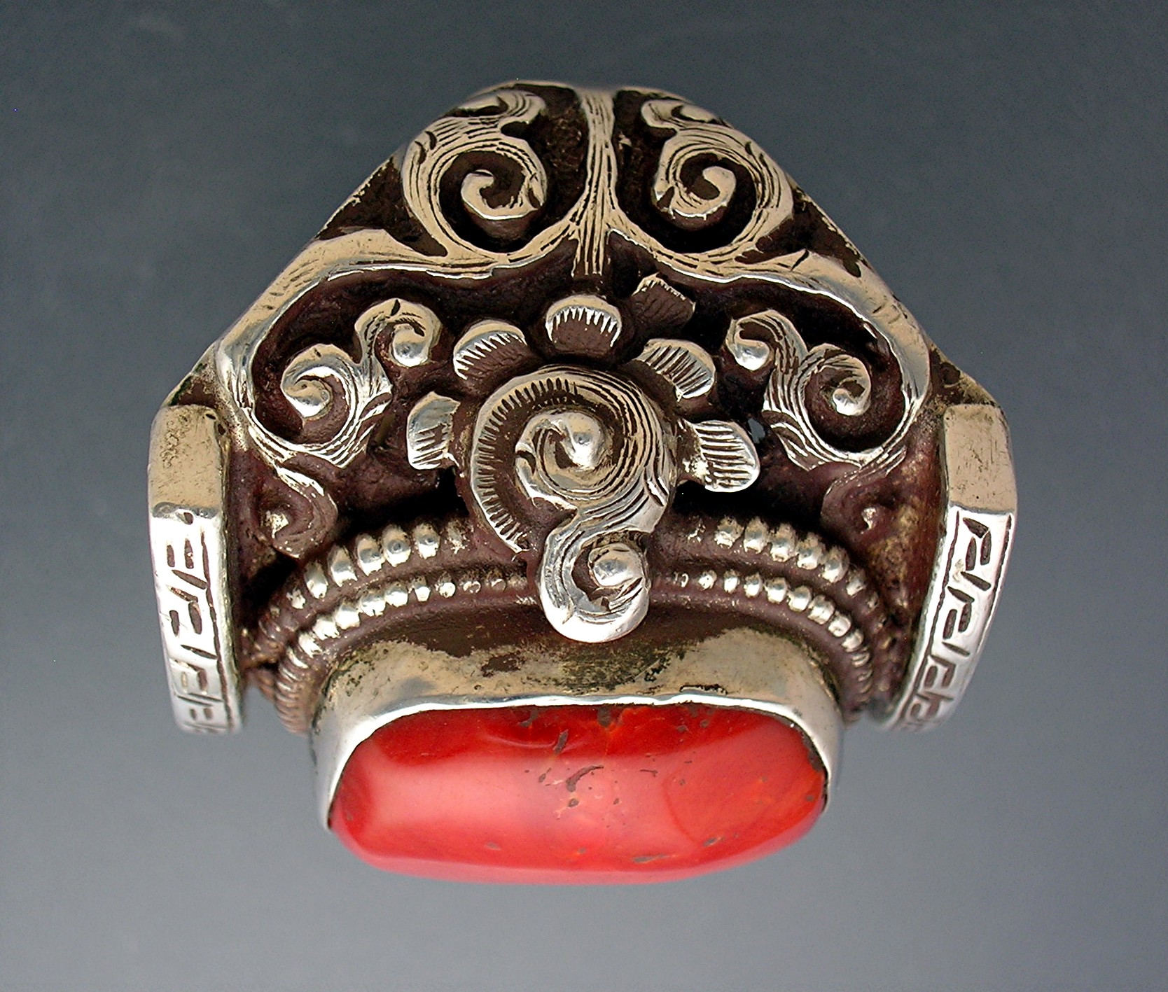 Sterling Silver Red Coral Ornate Ring