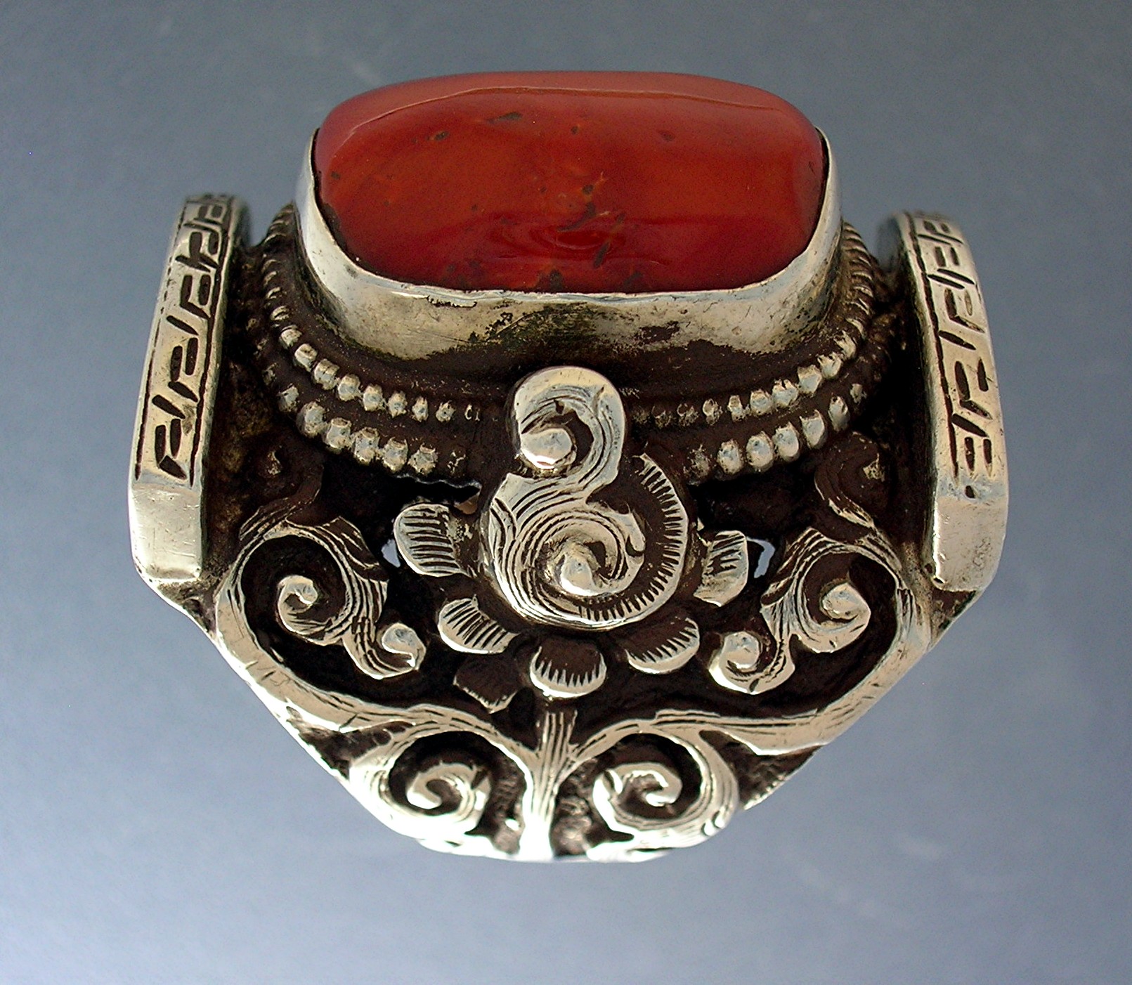 Sterling Silver Red Coral Ornate Ring