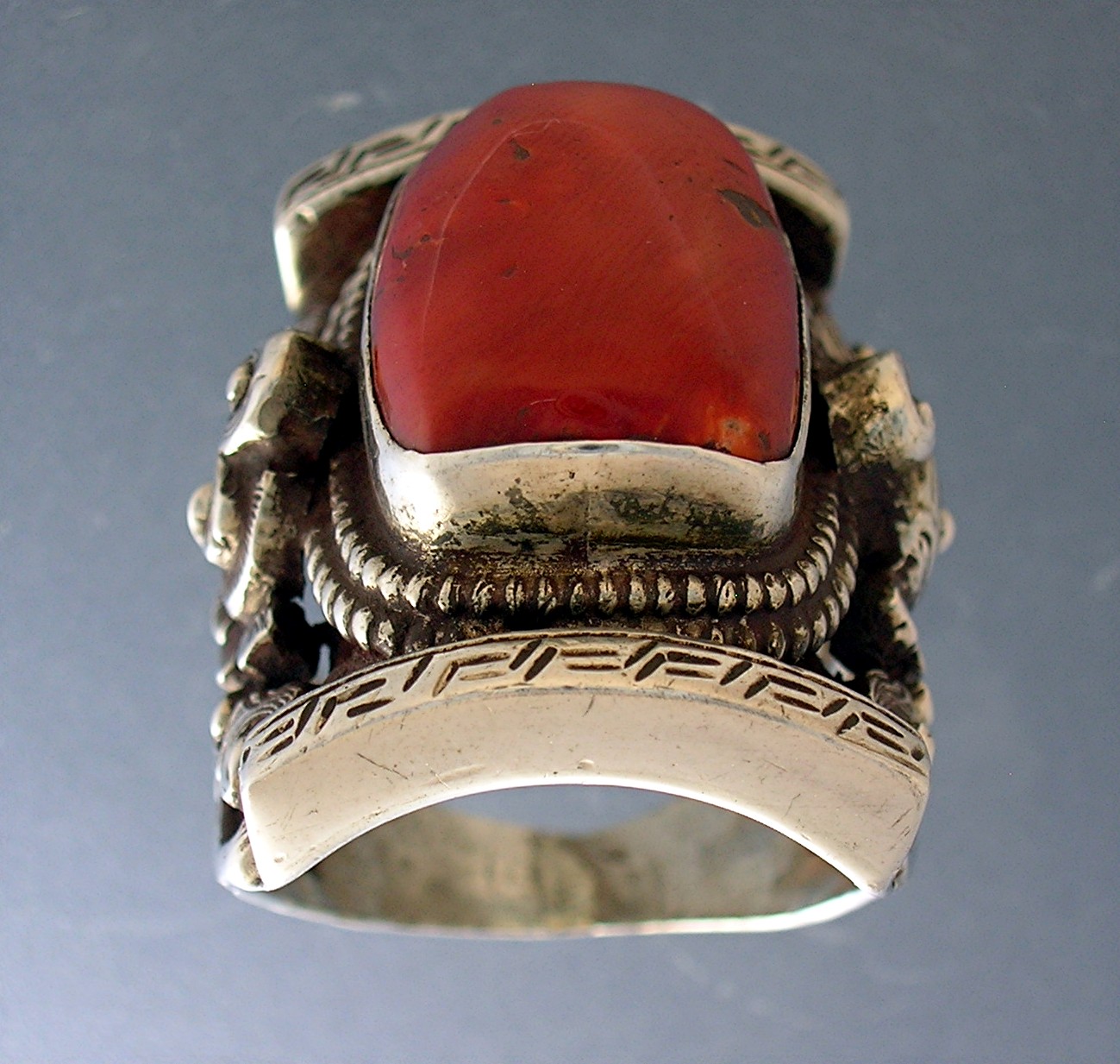Sterling Silver Red Coral Ornate Ring