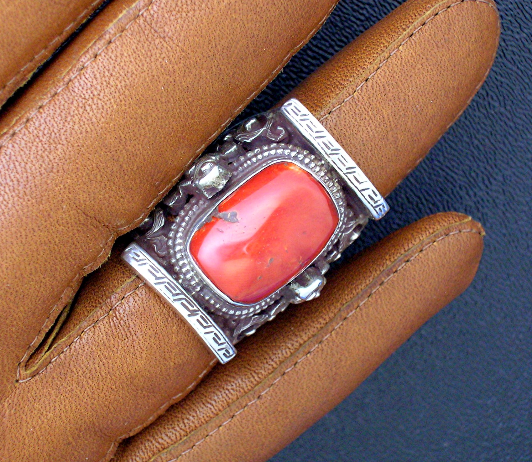 Sterling Silver Red Coral Ornate Ring