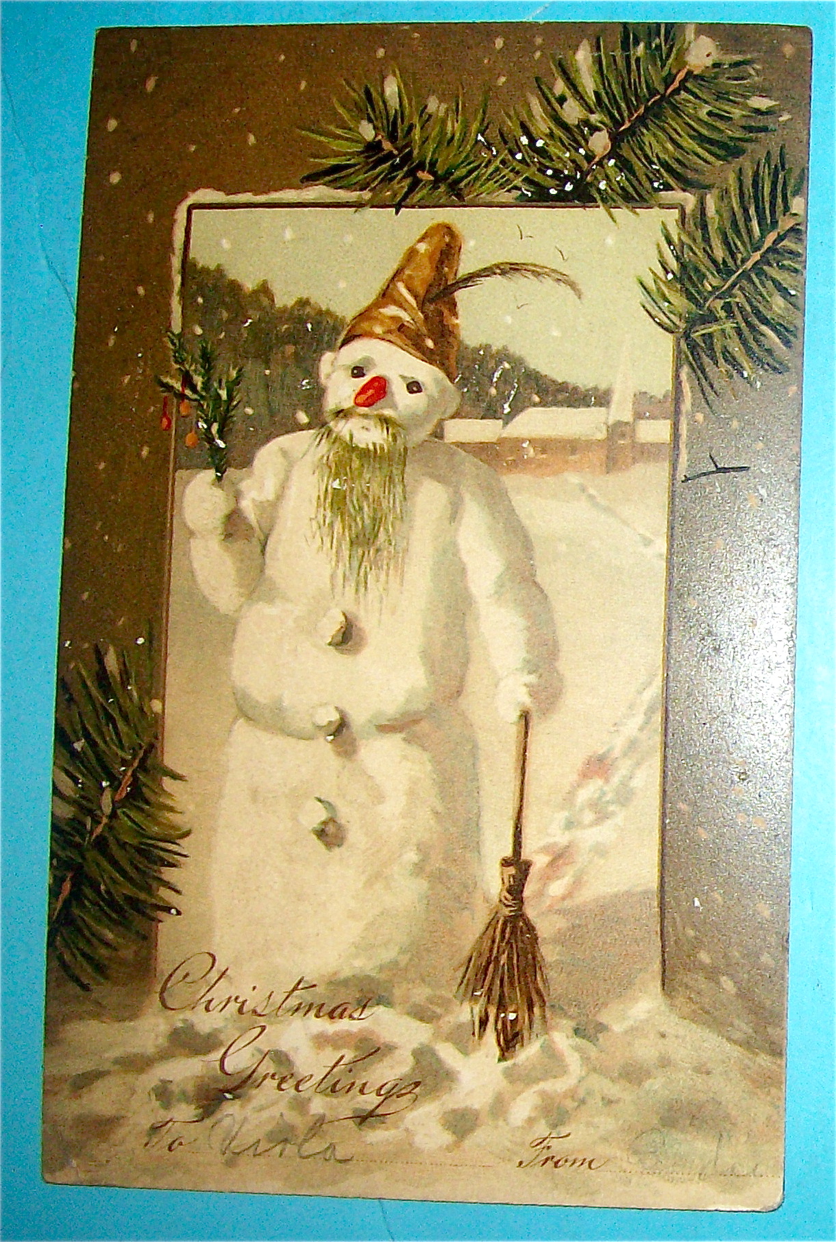 Christmas Greetings Postcard w/Cute Snowman