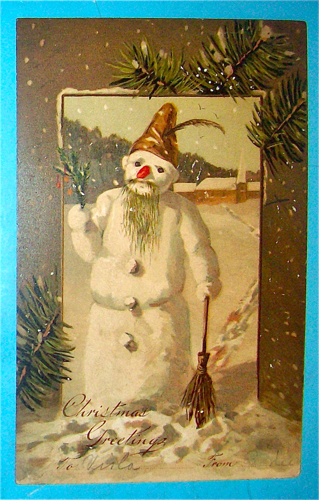 Christmas Greetings Postcard w/Cute Snowman