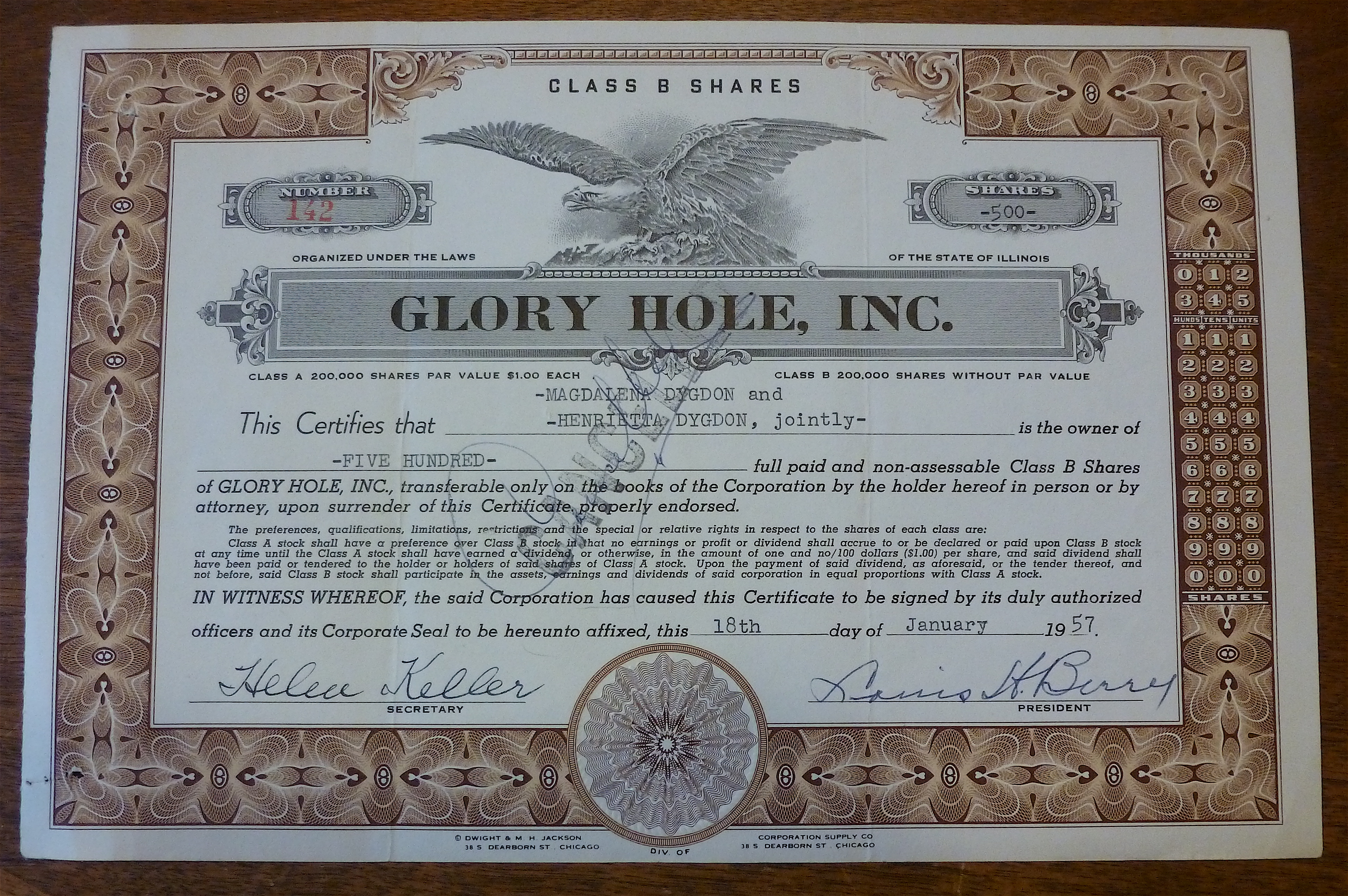 1957 Glory Hole Stock Certificate