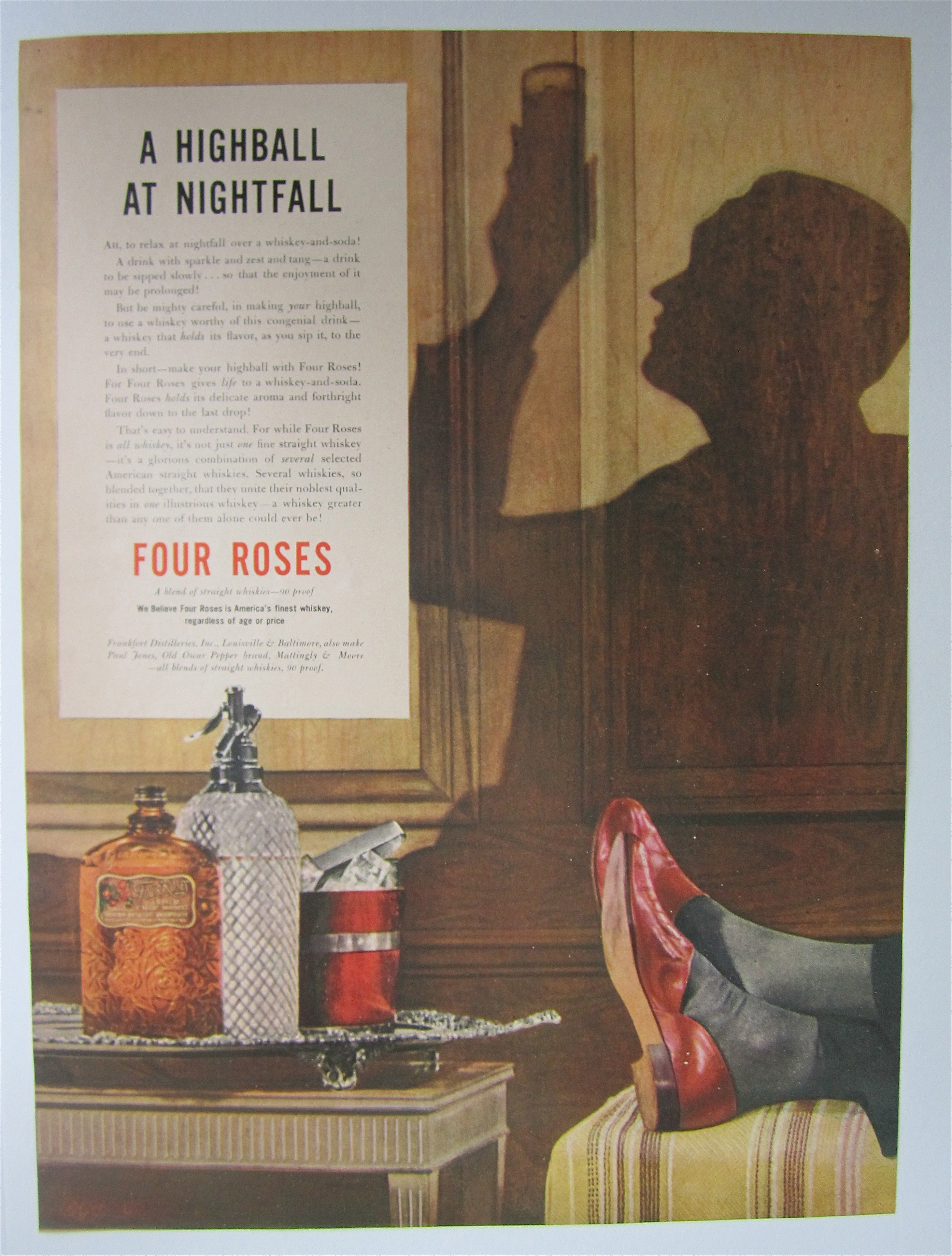 1937 Four Roses Whiskey with Man's Shadow Relaxing