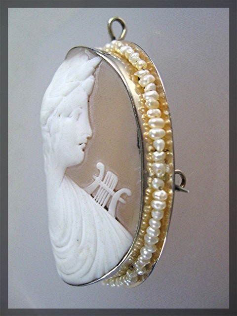 14K Gold Shell Cameo  Seed Pearls Brooch