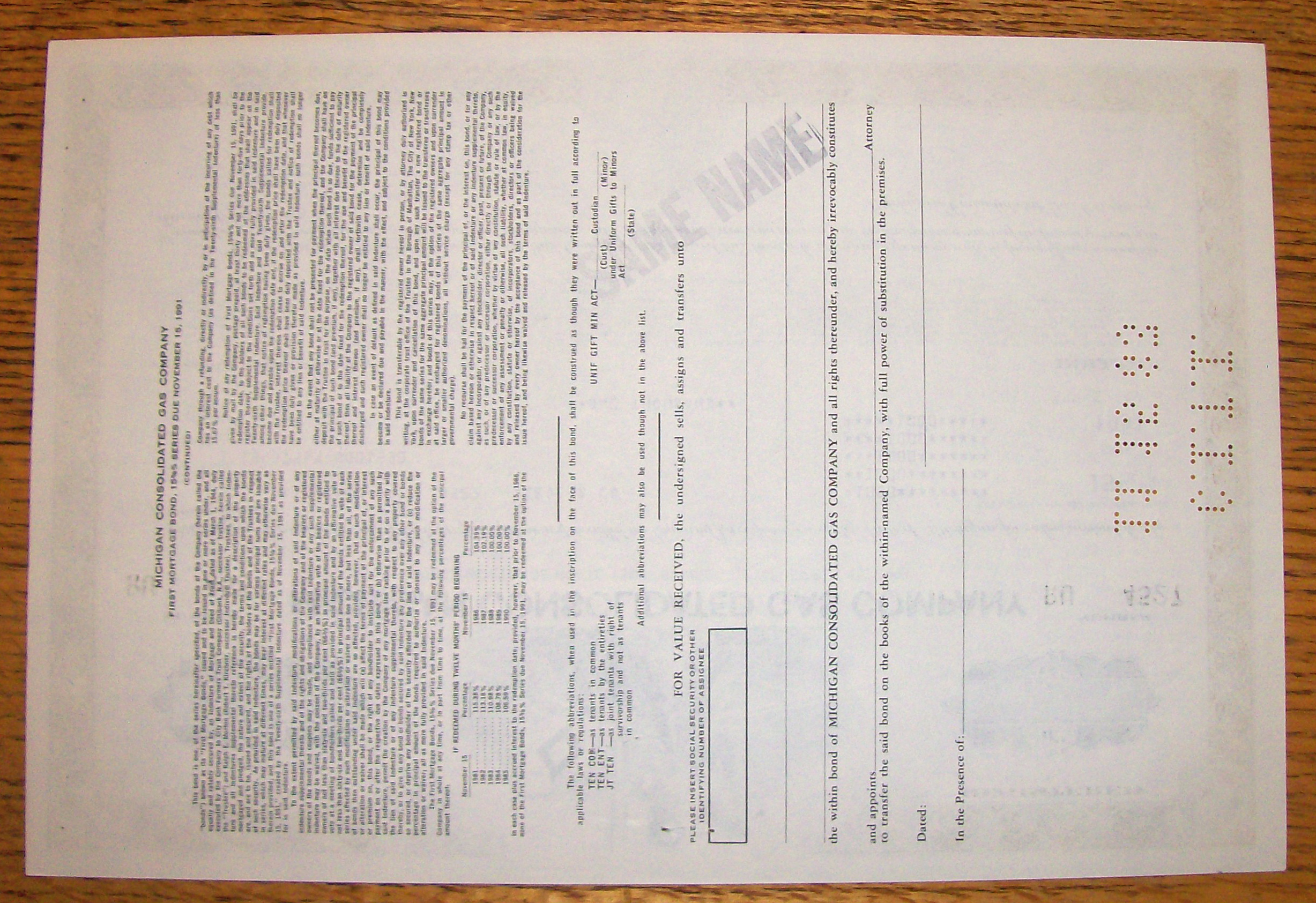 1983 Michigan Consolidated Gas Company Stock