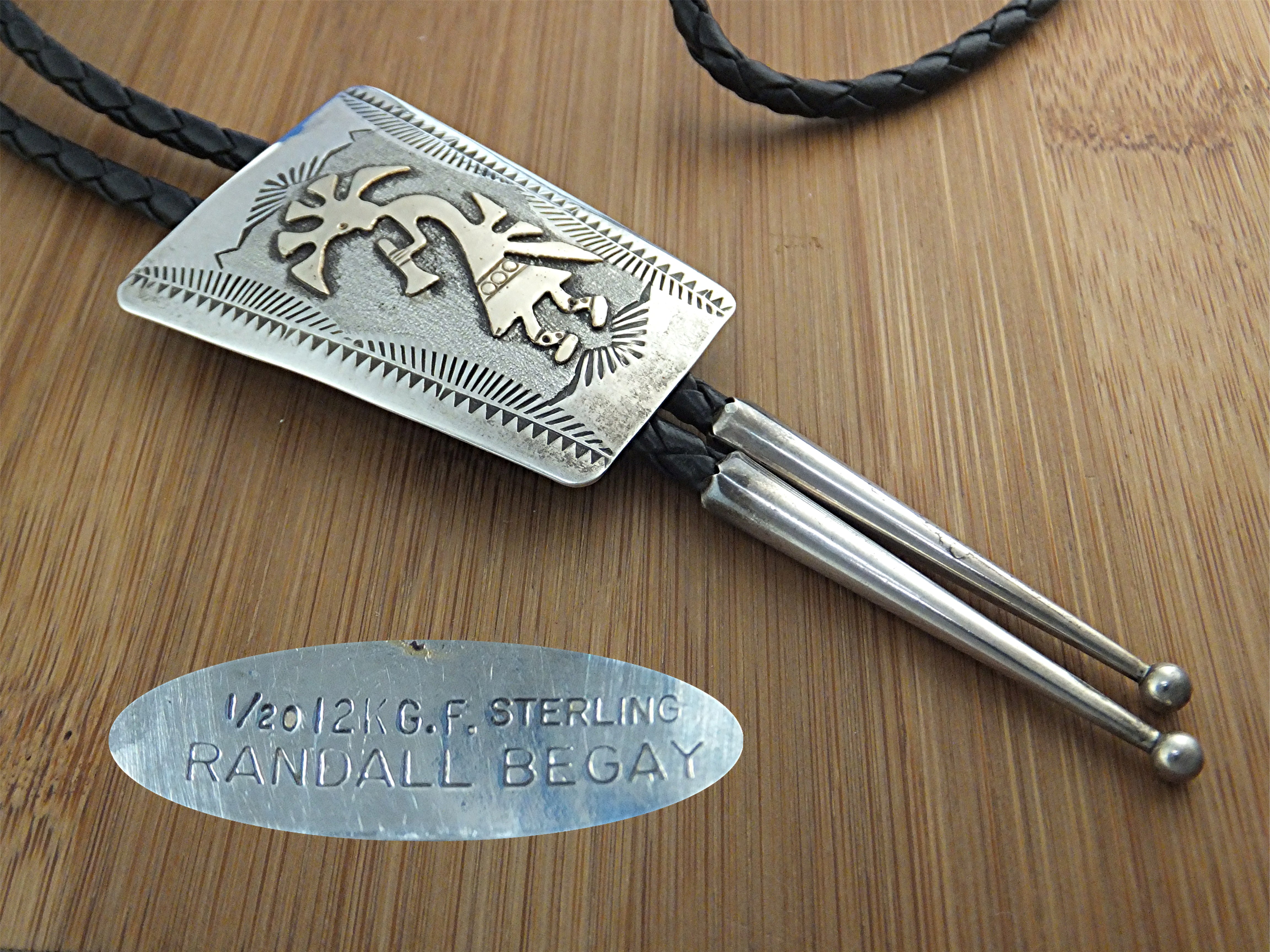 Bolo Tie Sterling Silver 12K GF Leather RANDALL BEGAY