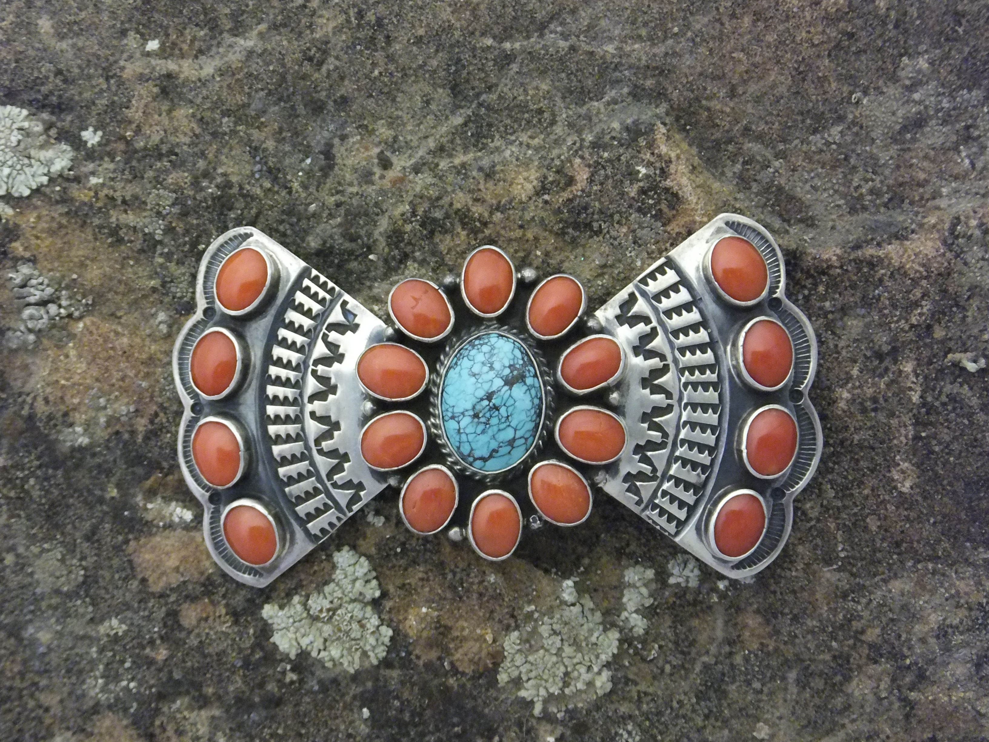 Navajo Brooch Coral Turquoise Sterling Silver A. Cadman