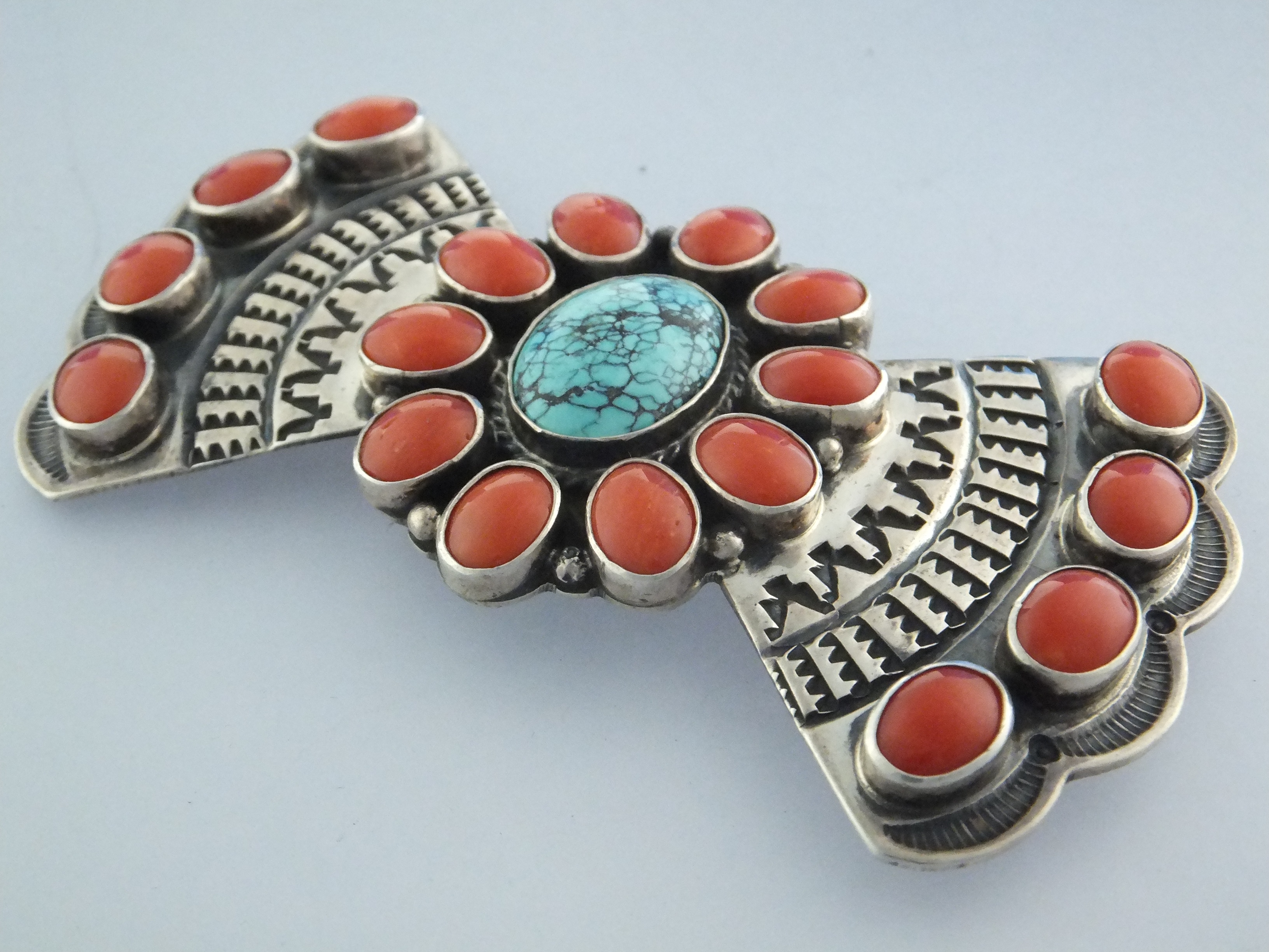 Navajo Brooch Coral Turquoise Sterling Silver A. Cadman