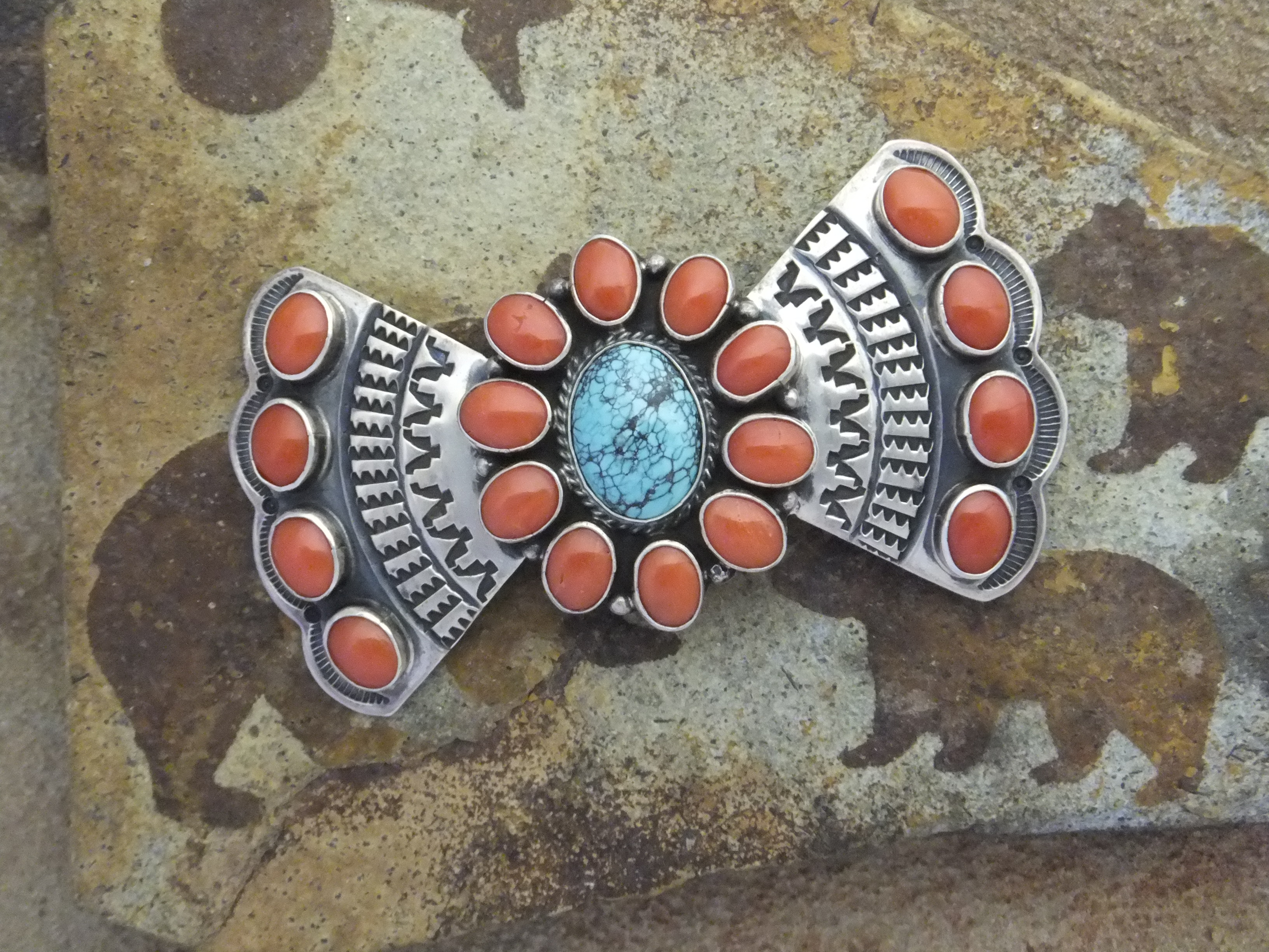 Navajo Brooch Coral Turquoise Sterling Silver A. Cadman
