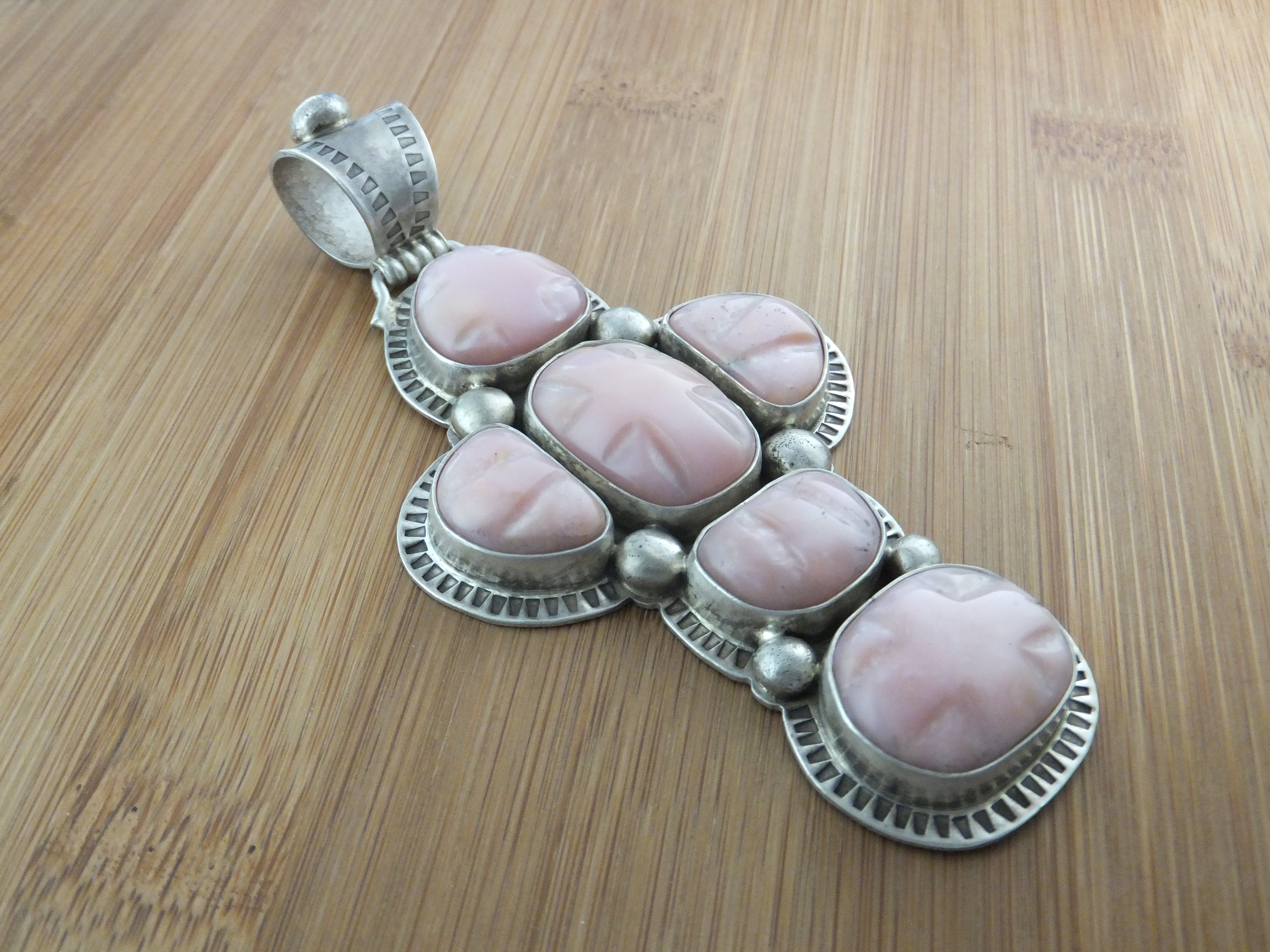 David Troutman Carved Pink Opal Sterling Silver Pendant