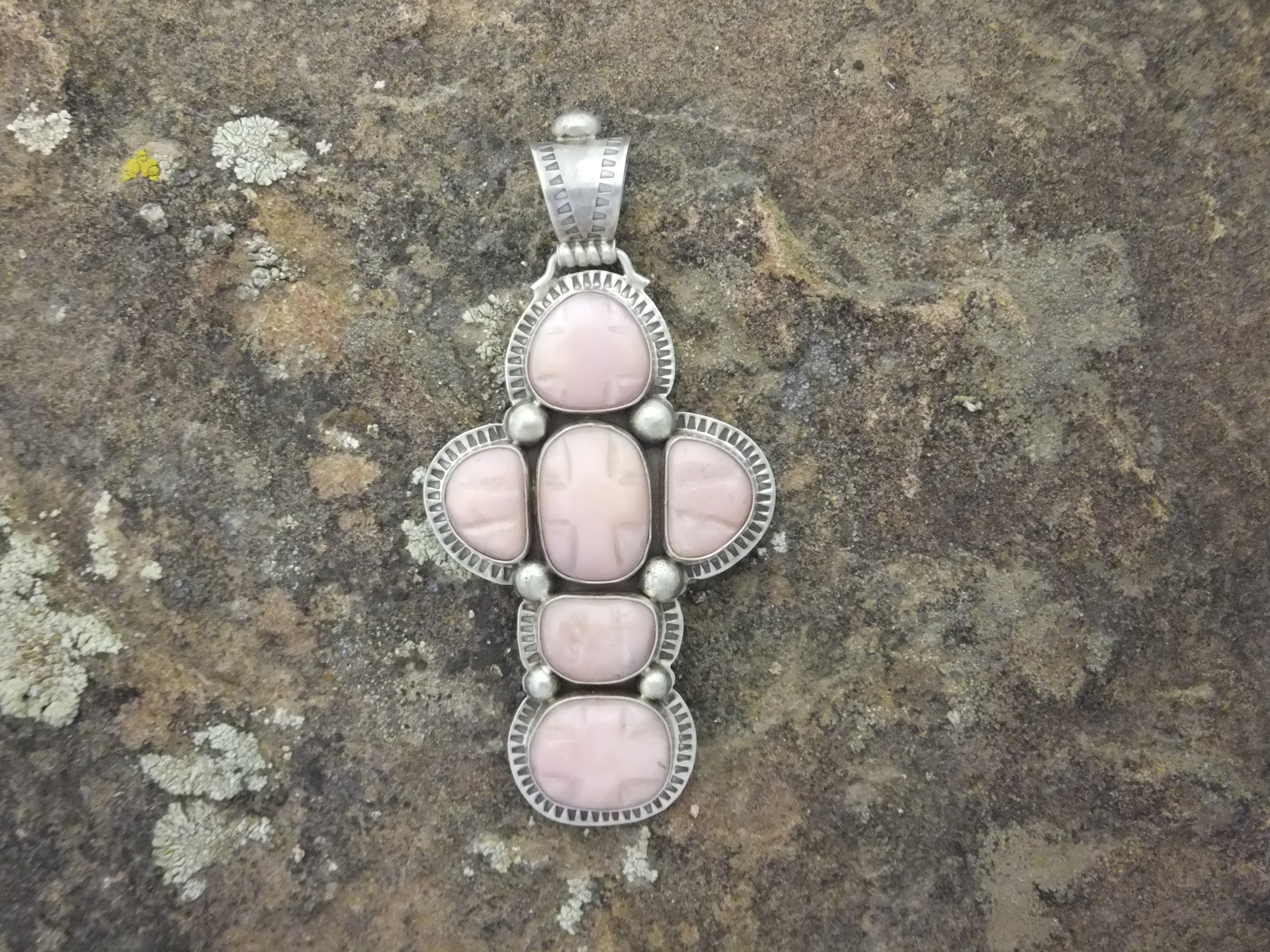 David Troutman Carved Pink Opal Sterling Silver Pendant