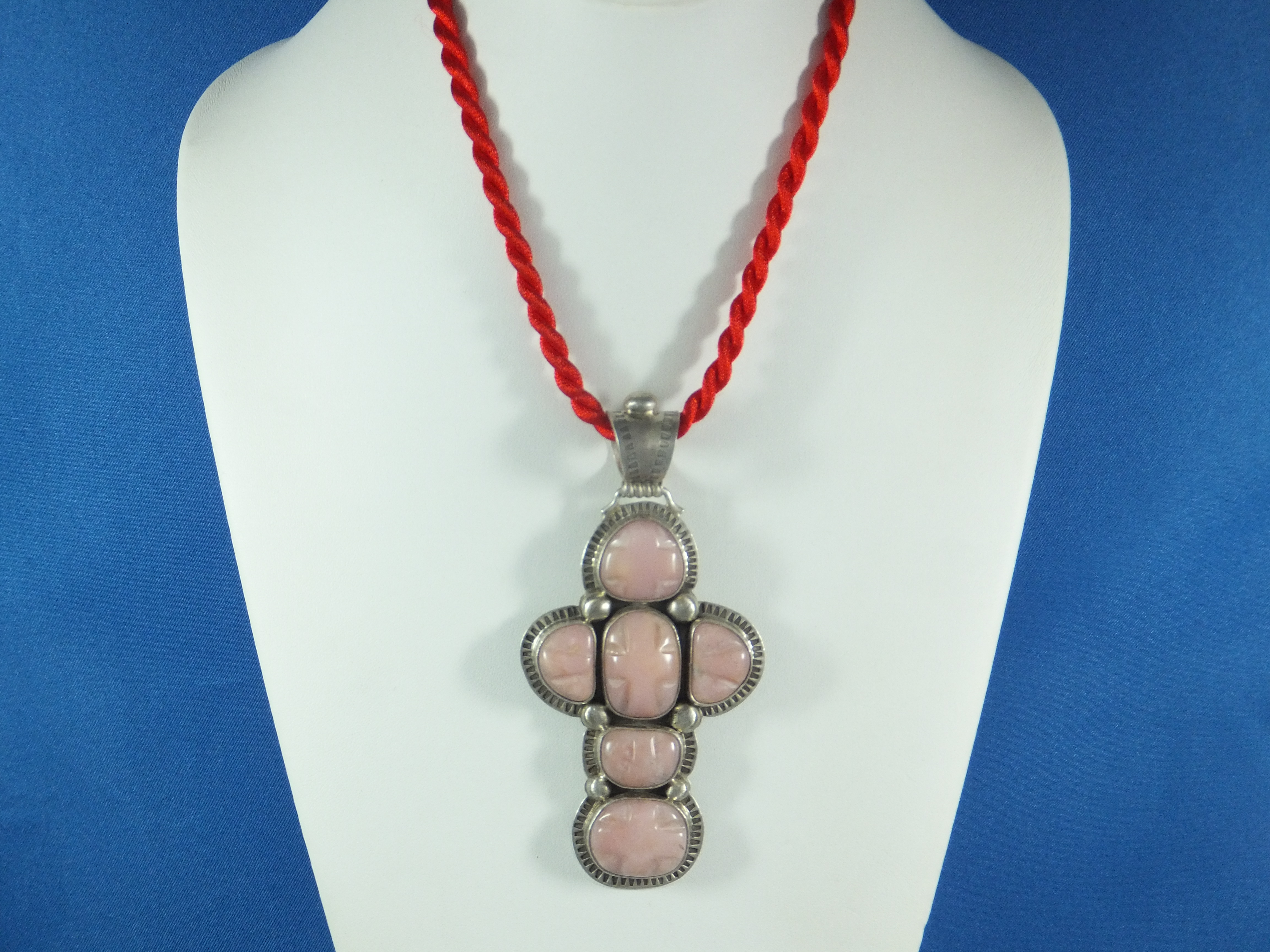 David Troutman Carved Pink Opal Sterling Silver Pendant