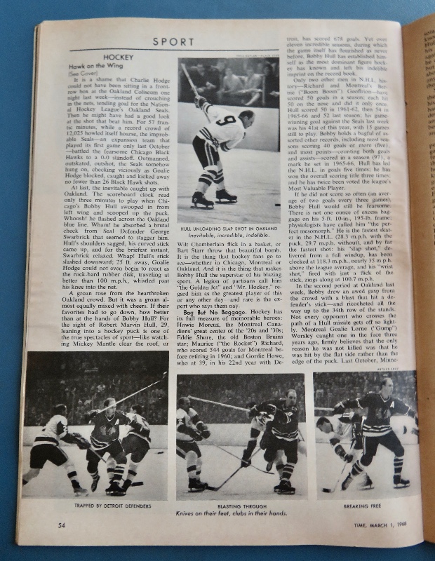 Time Magazine March 1, 1968 Chicago's Bobby Hull