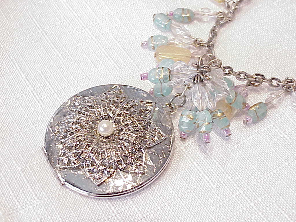 Silver Tone Necklace With Locket And Dangling Beads