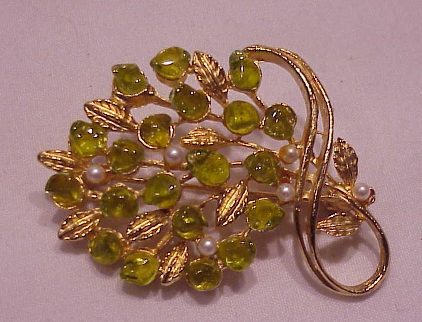 Seed Pearl And Peridot Green Glass Flower Spray Brooch