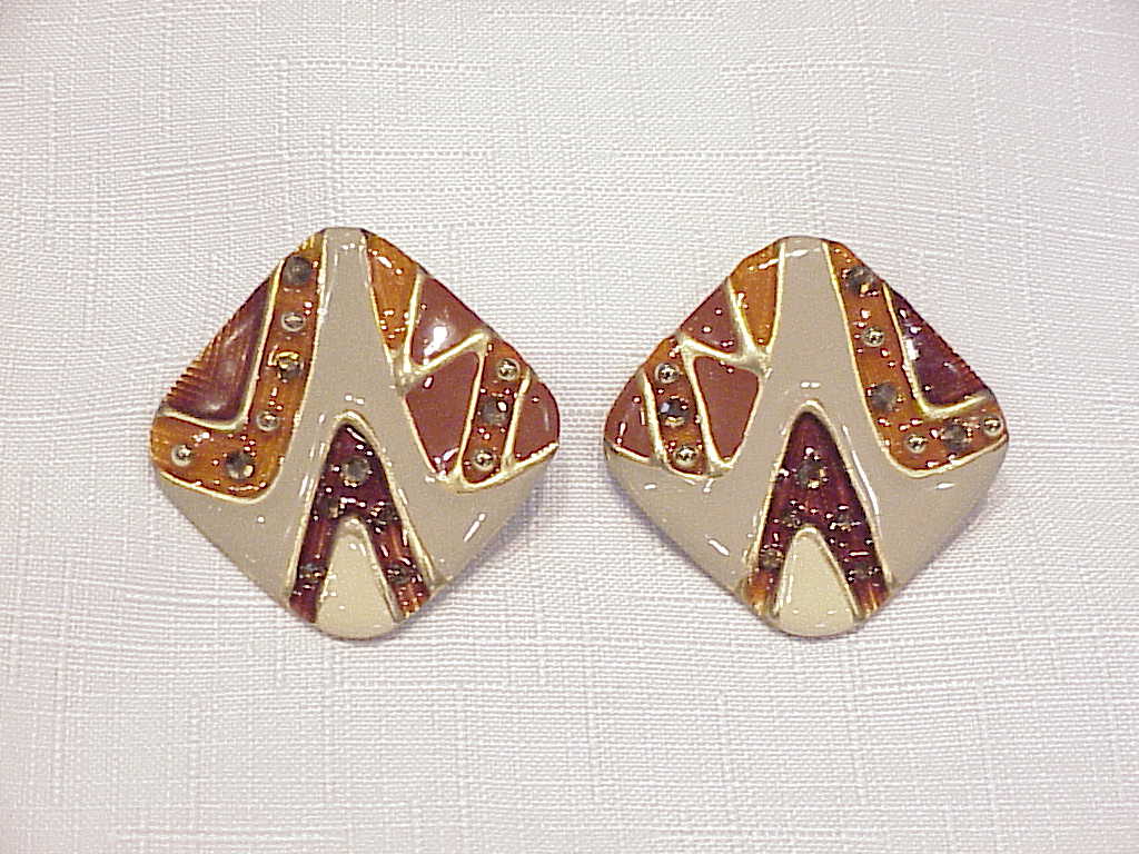 Large Enamel And Gold Rhinestone Clip Earrings Signed Don-Lin