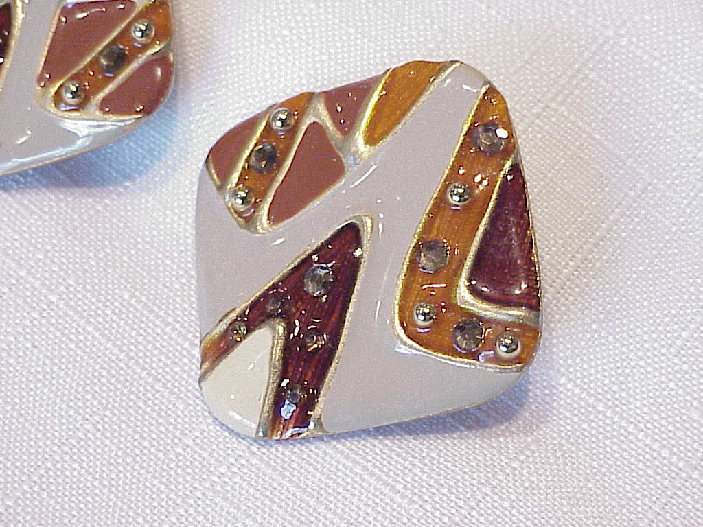 Large Enamel And Gold Rhinestone Clip Earrings Signed Don-Lin