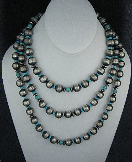 Navajo Pearls Sterling Silver Kingman Turquoise 60 inch