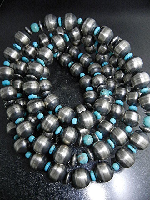 Navajo Pearls Sterling Silver Kingman Turquoise 60 inch