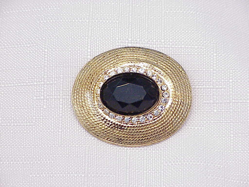 Black Faceted Glass And Clear Rhinestone Brooch