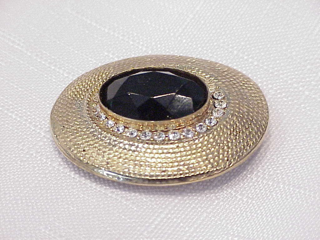 Black Faceted Glass And Clear Rhinestone Brooch
