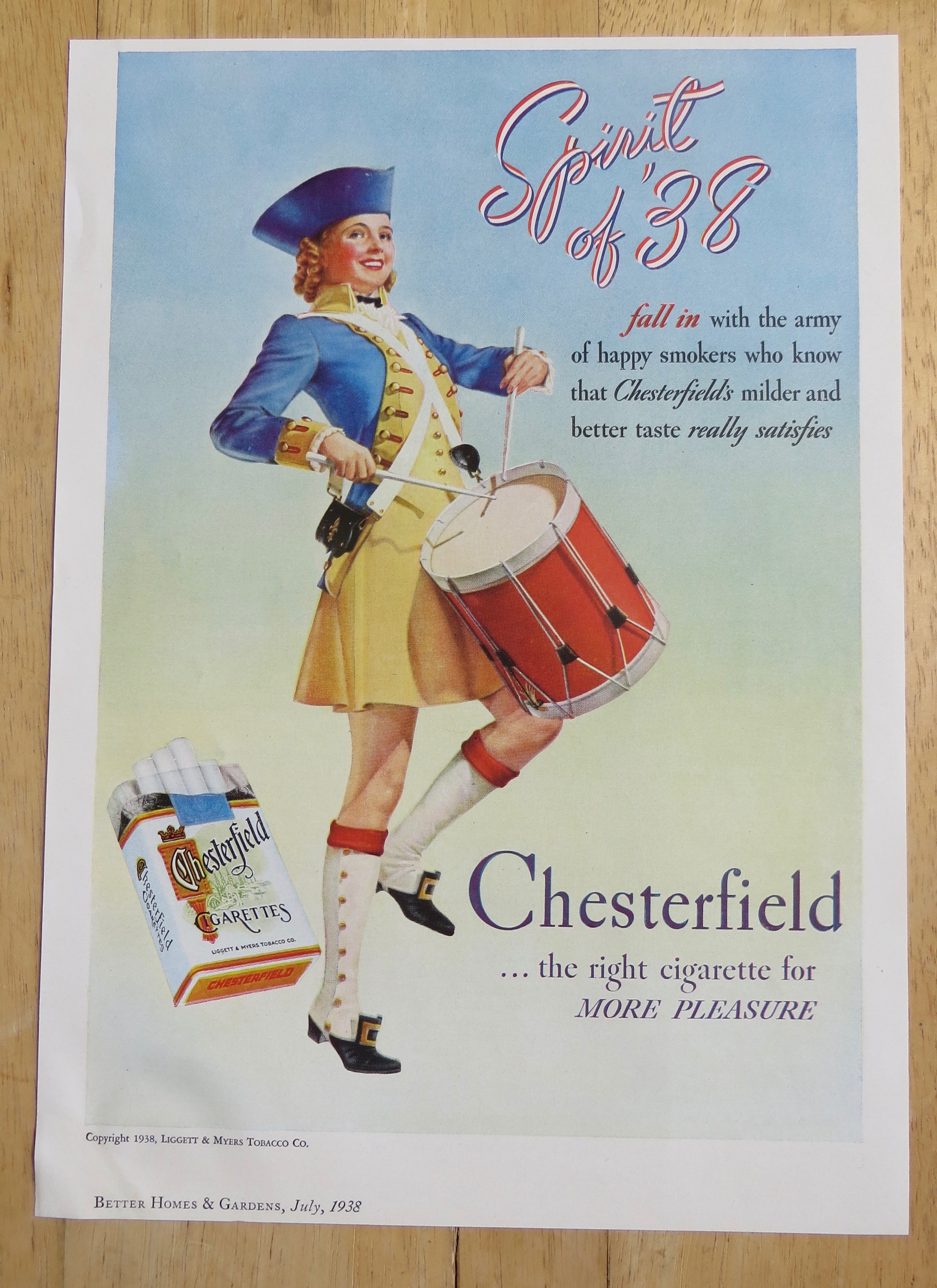 1938 Chesterfield Cigarettes with Woman Playing Drum
